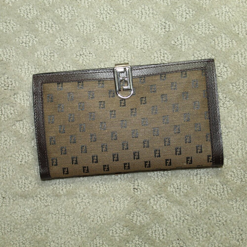 NWOT Fendi Brown Zucca Pattern Fold Leather Canvas Long Wallet Made in Italy